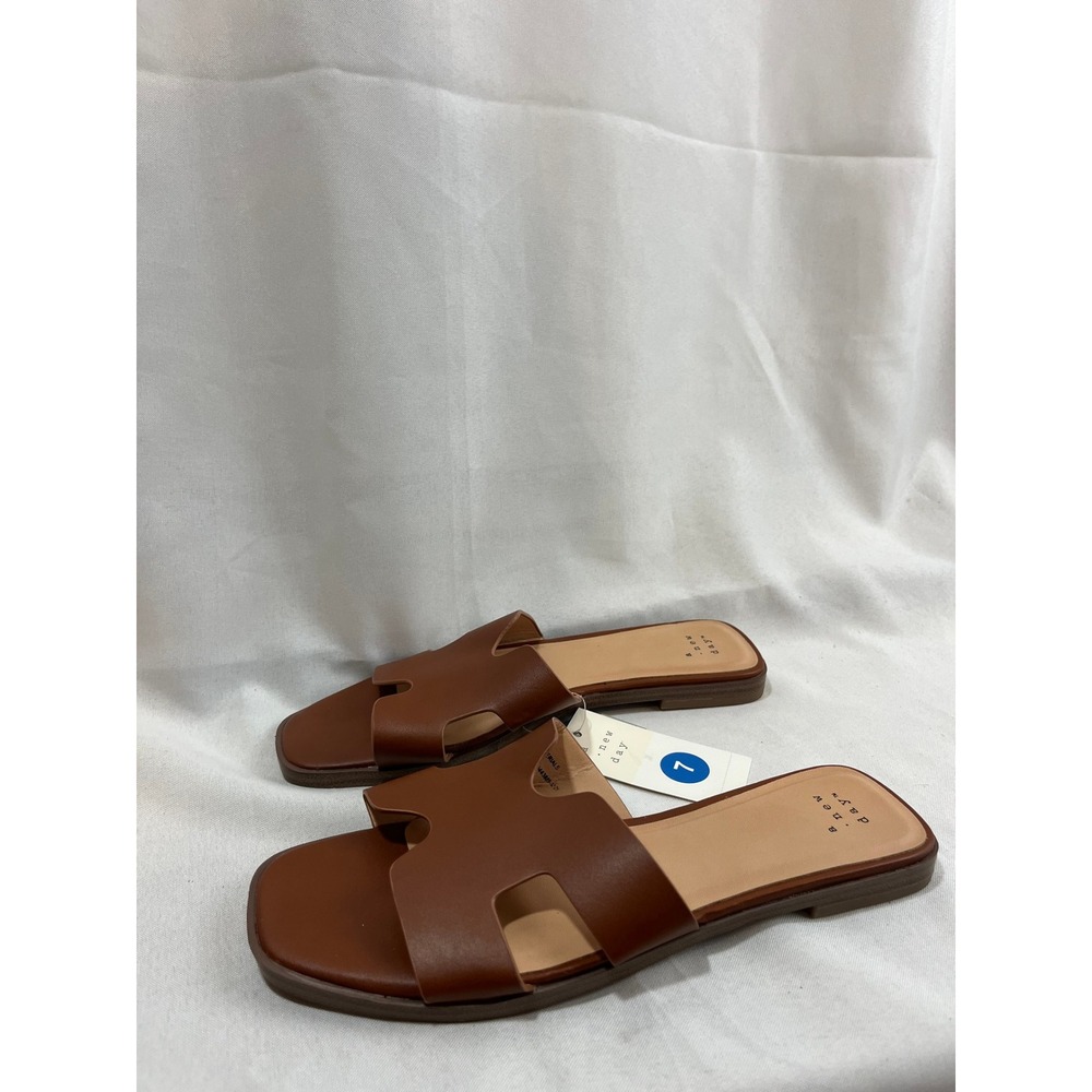 A New Day Womens Cognac Brown H-Band Square Toe Slide Sandals Size 7 NWT